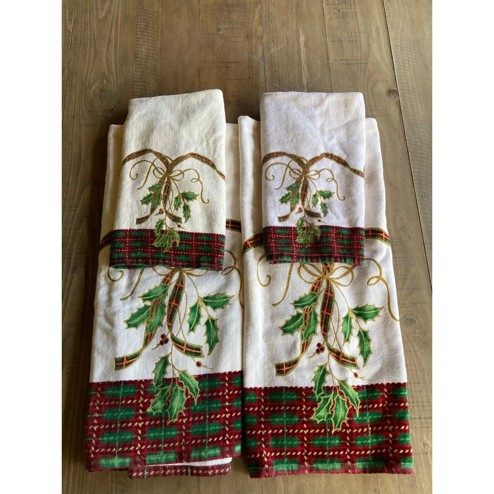 Lenox Holiday Nouveau 4 Piece Towel Set Cotton Holly Plaid Gold 750906 New‎